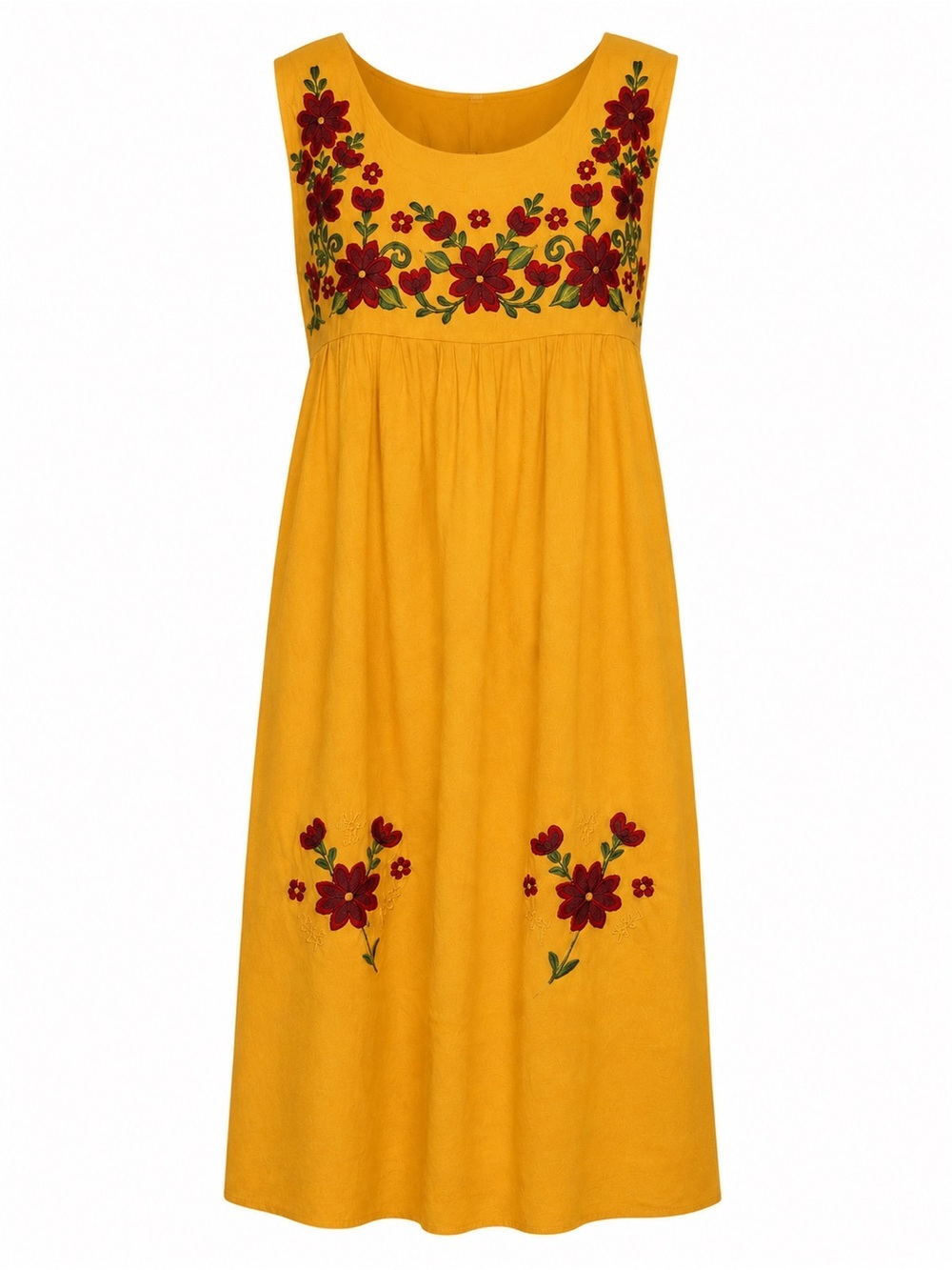 Boho Mexican Floral‎ Embroidered Sun Dress Mustard Yellow Midi WXS Kids 12 Retro